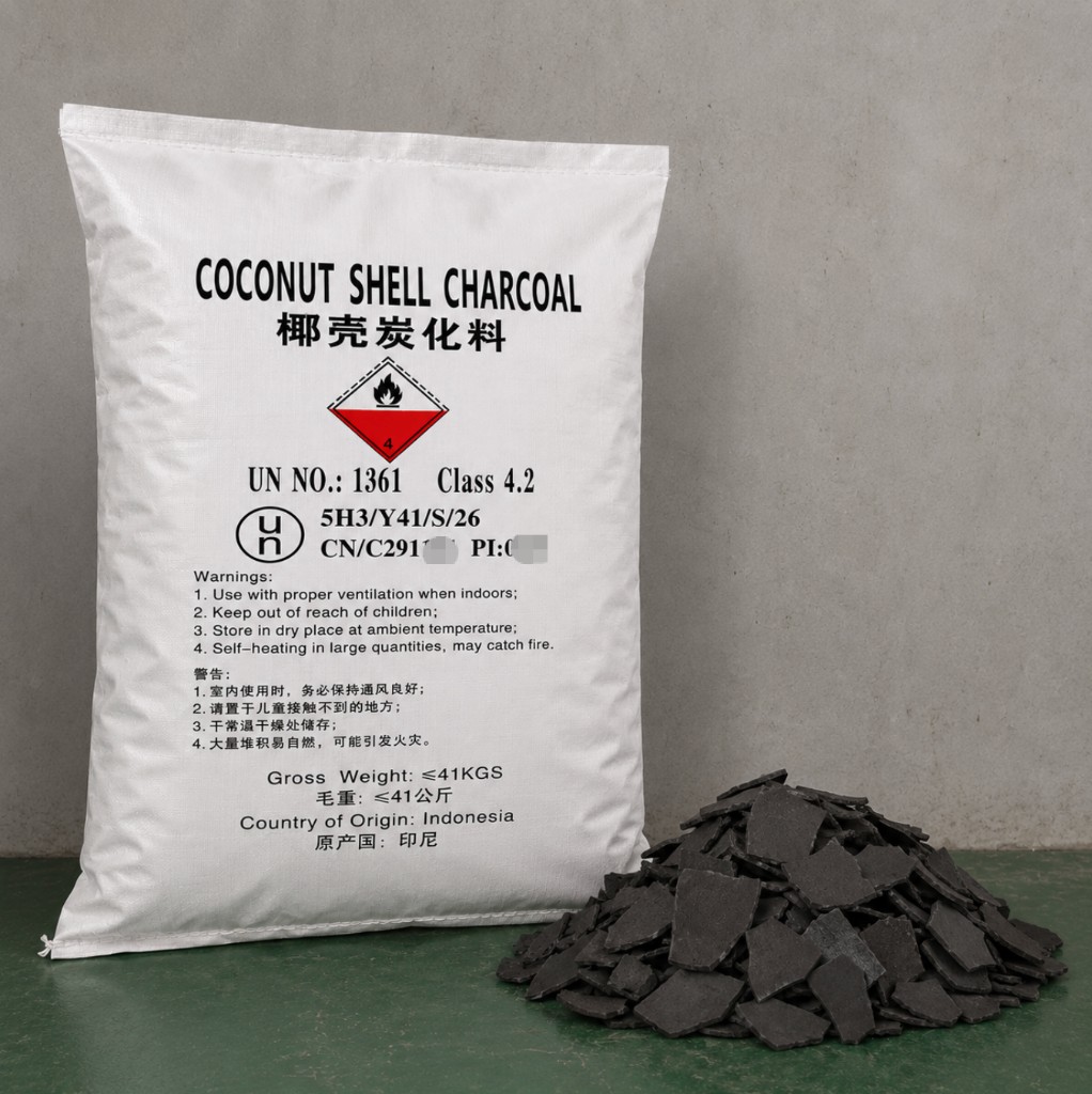 Natural flake coconut shell charcoal and packaging