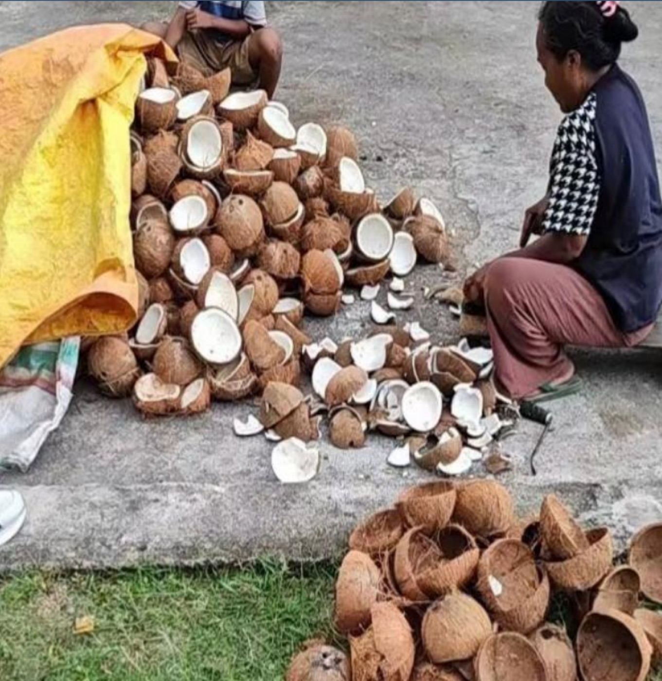 Workers preparing coconut shells for charcoal production in Southeast Asia